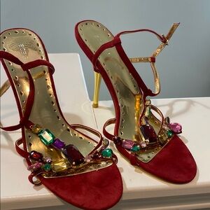 Elegant Red Heeled Sandals with Gem Accents